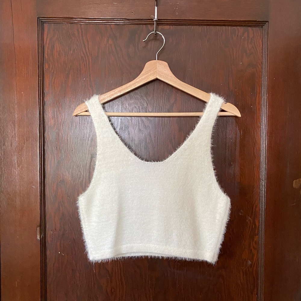 Women's White Fuzzy Cropped Tank Top